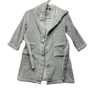 Lands' End Kids Gray Plush Fleece Bathrobe Size 4 Hood Attached Belt Robe